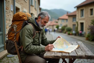 Pèlerin de Saint-Jacques-de-Compostelle consultant une carte de l'itinéraire sur une terrasse de village français