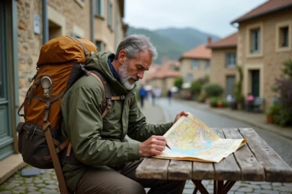 Pèlerin de Saint-Jacques-de-Compostelle consultant une carte de l'itinéraire sur une terrasse de village français