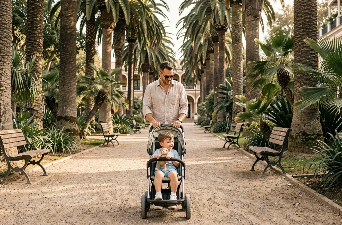 Père promenant son jeune enfant en poussette dans le Parque de María Luisa à Séville