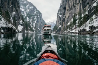 Petit bateau de croisière naviguant dans un fjord norvégien entouré de falaises granitiques et de forêts de pins