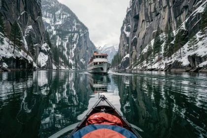 Petit bateau de croisière naviguant dans un fjord norvégien entouré de falaises granitiques et de forêts de pins