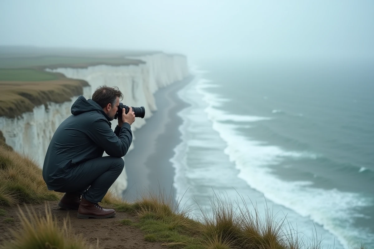 Photographe solitaire au bord des falaises d'Ault par temps de tempête observant la mer déchaînée