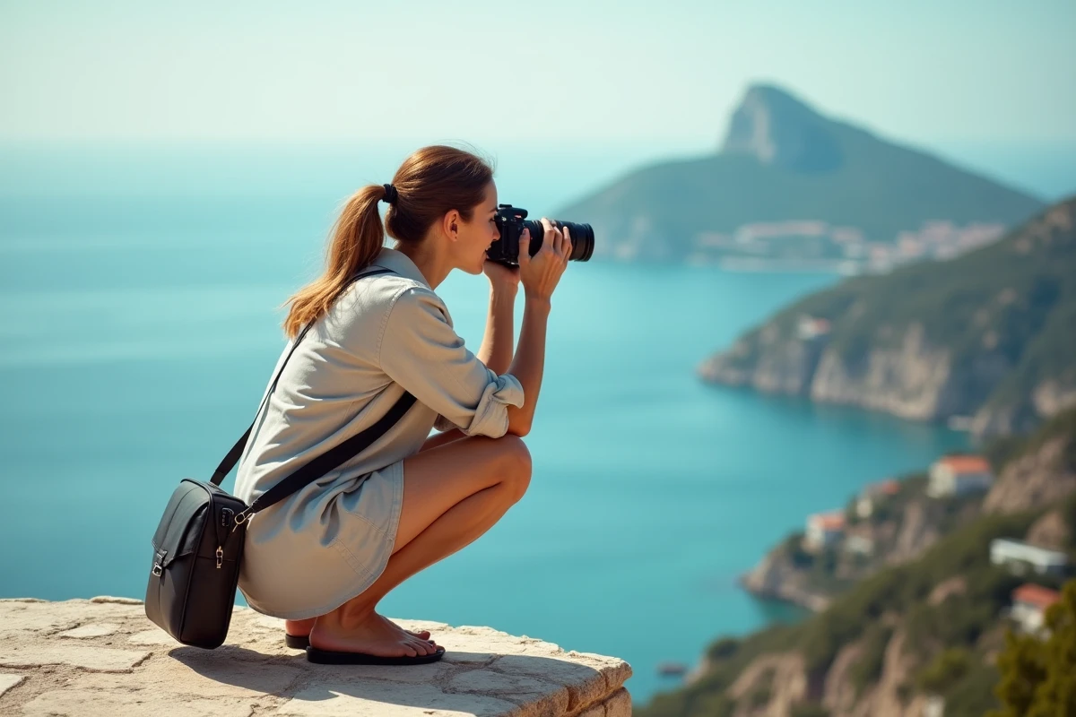 Photographe professionnelle en train de cadrer la vue panoramique sur la Côte d'Azur depuis une terrasse en pierre du village d'Eze