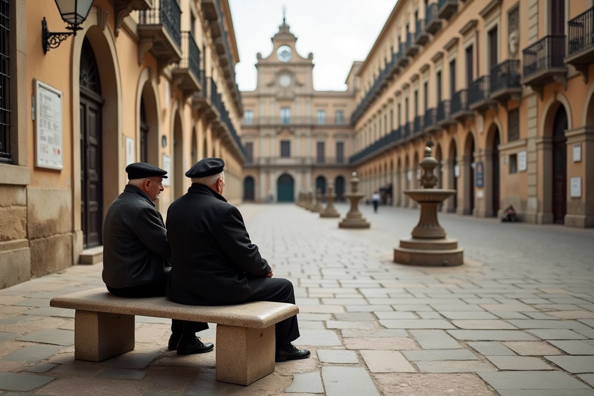 Deux anciens siciliens en veste sombre discutant sur la Piazza Garibaldi de Corleone, patrimoine historique et mémoire locale de la ville