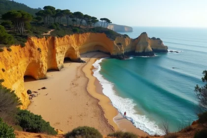 Plage sauvage et déserte sur la côte espagnole avec falaises dorées et eau turquoise