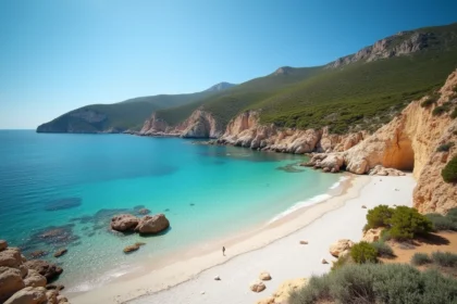 Plage sauvage en Haute-Corse avec eau turquoise et rochers de granite entourés de maquis méditerranéen