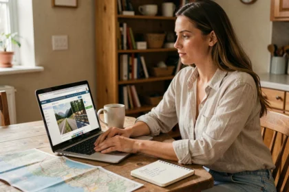 Femme planifiant un road trip sur ordinateur portable avec carte routière et notes, interface MICHELIN visible à l'écran