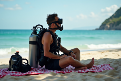 Plongeur assis sur une serviette de plage après la plongée