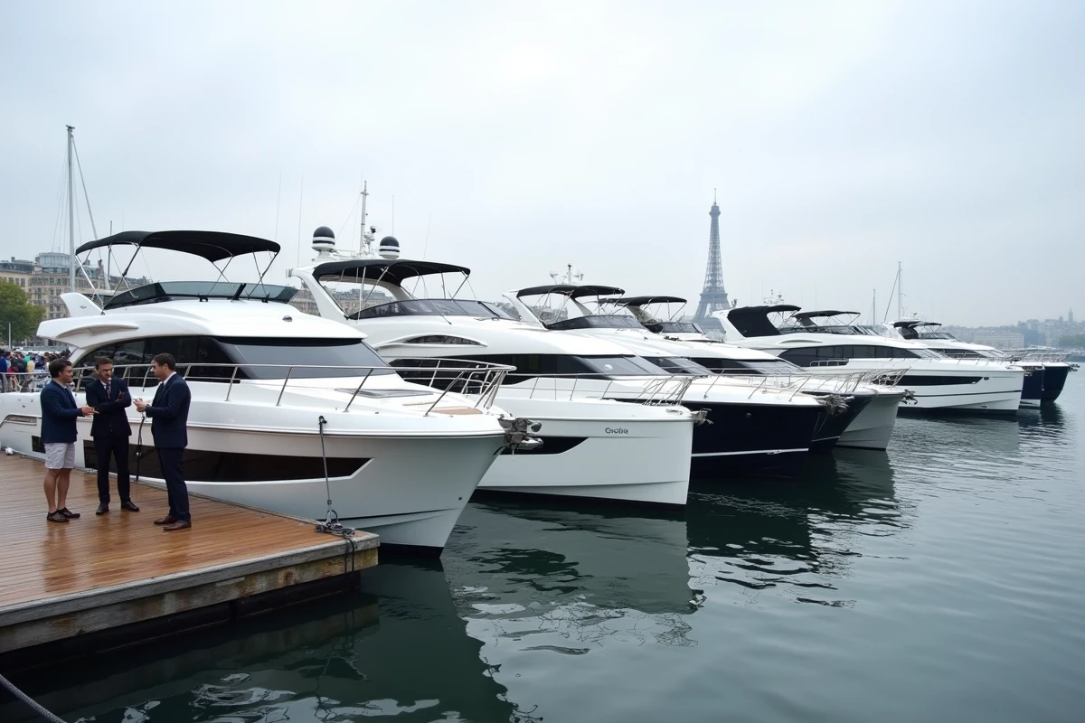 Catamarans et bateaux à moteur amarrés sur un ponton extérieur lors du Salon nautique international de Paris avec la skyline parisienne en arrière-plan