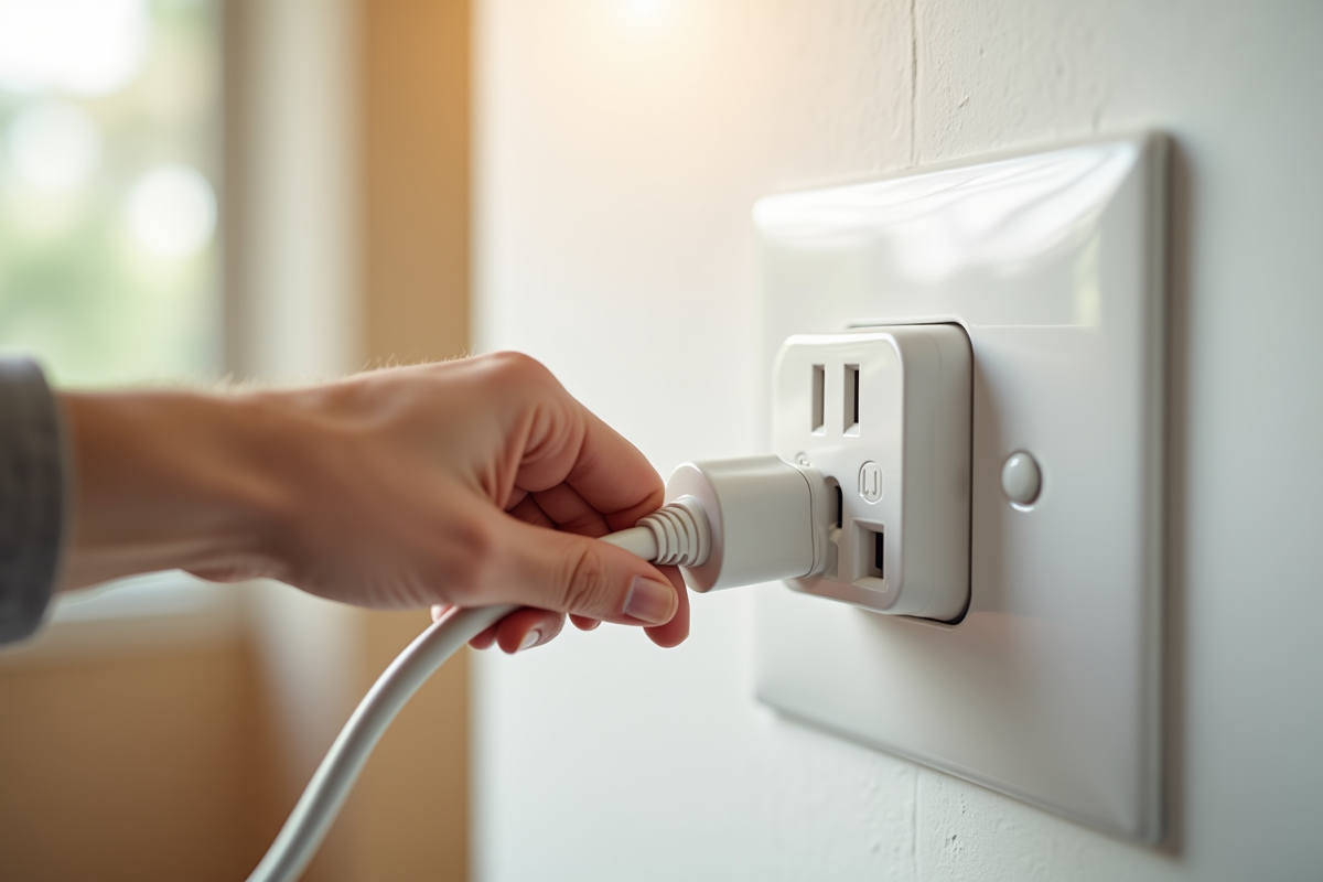 Fiche électrique argentine insérée dans une prise blanche