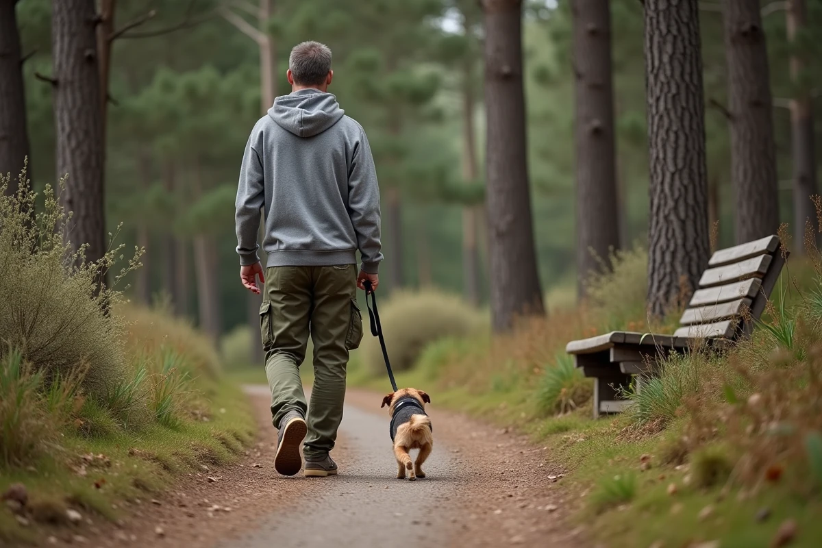 Homme marche dans le parc Mauresque avec son chien en forêt