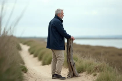 Homme en chinos et coupe-vent regardant l'horizon sur le marais