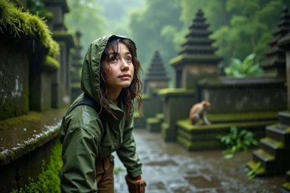 Jeune femme en randonnée sous la pluie dans la forêt sacrée