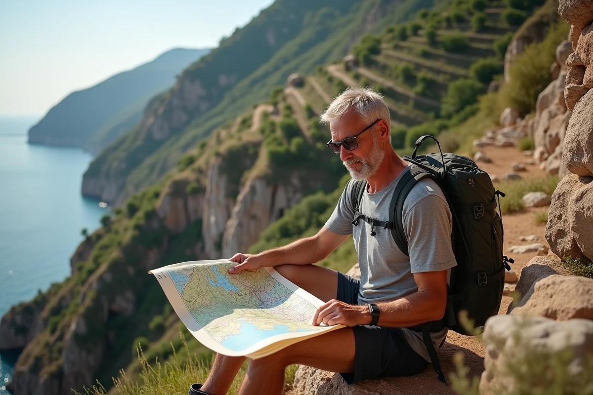 Randonneur étudiant une carte topographique sur le sentier côtier des Cinque Terre entre Monterosso et Vernazza