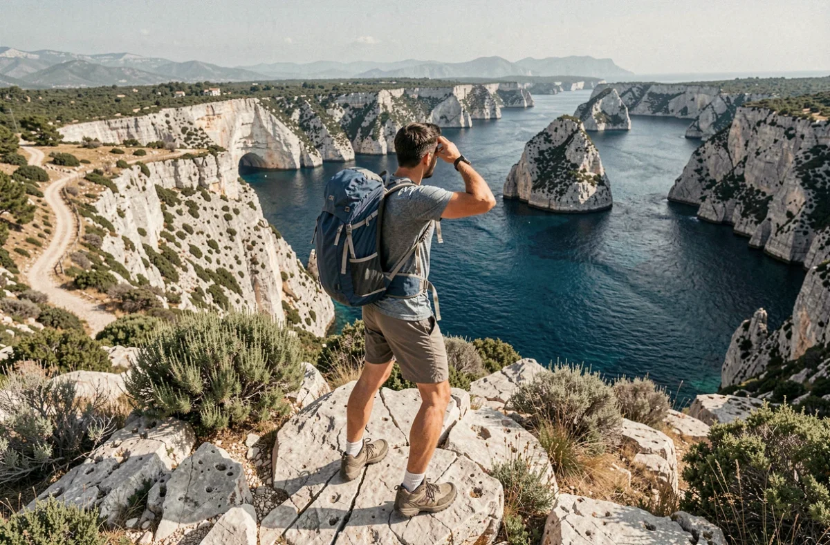Randonneur au sommet d'une falaise calcaire contemplant le panorama des calanques de Cassis