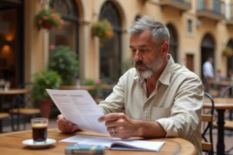 Homme lisant les textes officiels sur la réglementation des cartouches en Espagne attablé dans une plaza espagnole
