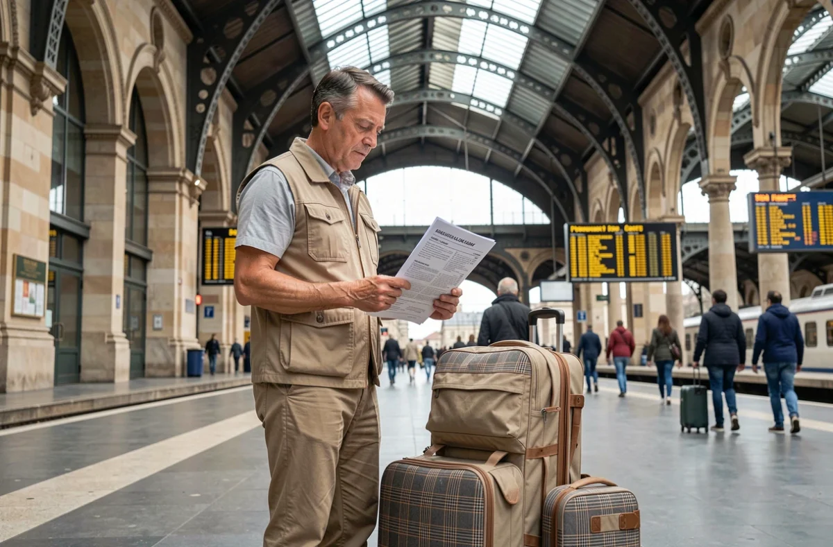 Voyageur consultant les règles de bagages SNCF sur un quai de gare parisienne