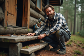 Homme d'âge moyen répare une marche en bois dans la forêt
