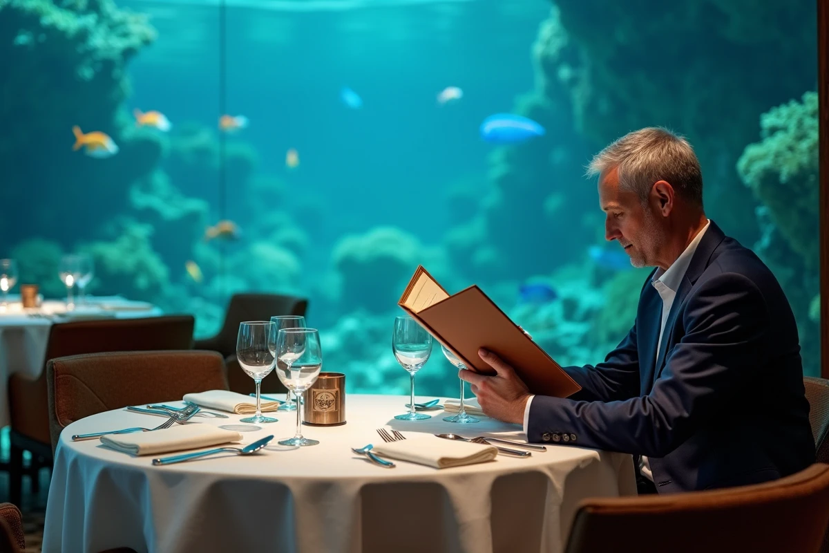 Table gastronomique du restaurant Al Mahara du Burj Al Arab avec aquarium sous-marin en arrière-plan