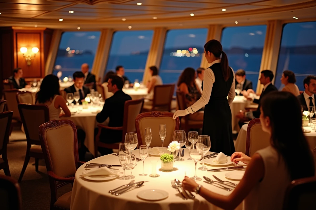 Salle de restaurant gastronomique d'un paquebot de croisière tour du monde avec passagers en tenue de soirée et vue sur l'océan