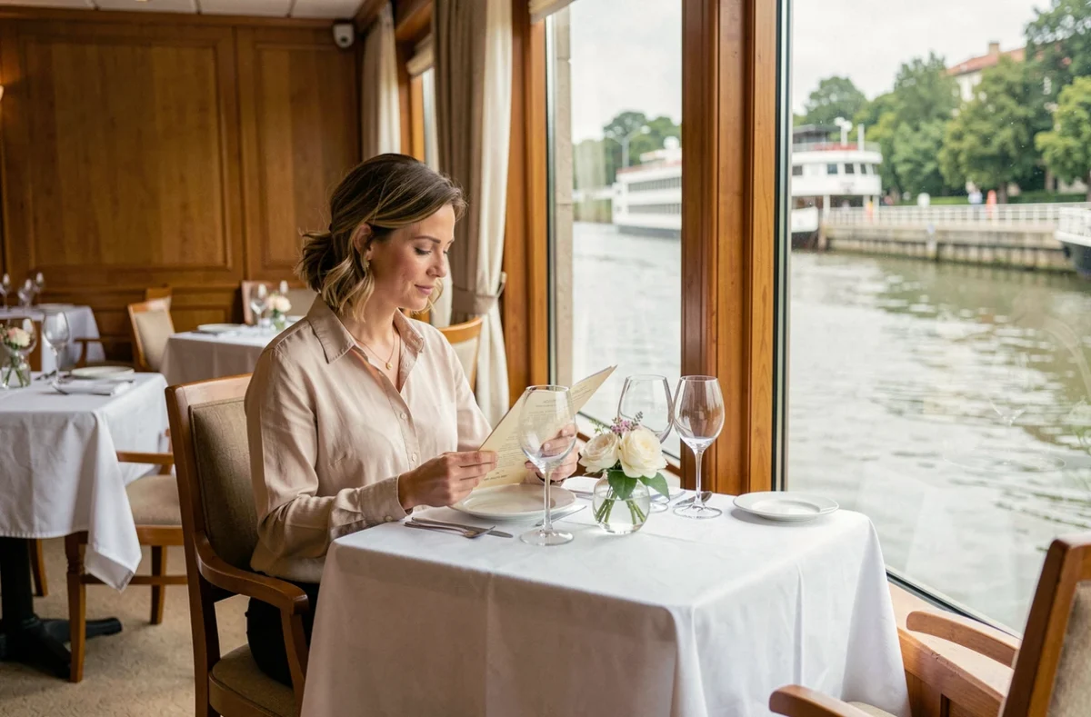 Femme attablée dans le restaurant panoramique d'un bateau de croisière sur le Rhin avec vue sur le fleuve