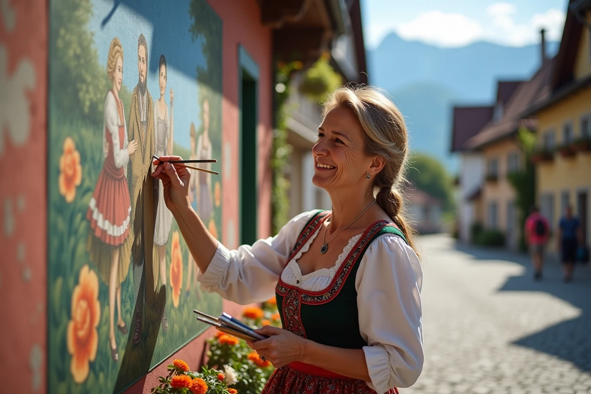 Femme bavaroise en dirndl restaurant une fresque murale