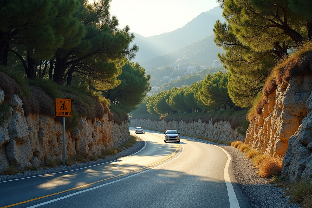 Route de montagne à Chypre avec virages et panneau de danger