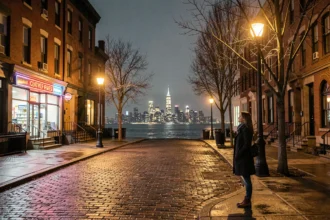 Femme observant le skyline de Manhattan depuis une rue nocturne de Staten Island après la pluie