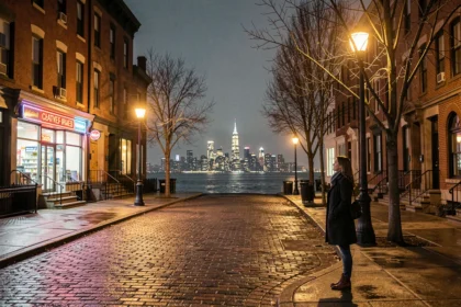 Femme observant le skyline de Manhattan depuis une rue nocturne de Staten Island après la pluie