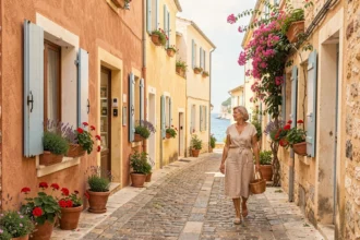 Rue pittoresque de Cassis avec façades colorées et femme en robe de lin marchant vers le port