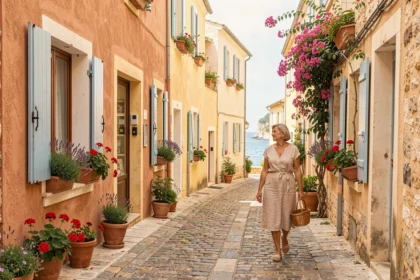 Rue pittoresque de Cassis avec façades colorées et femme en robe de lin marchant vers le port