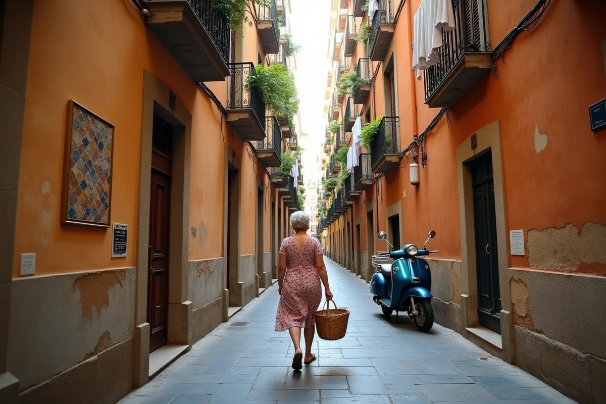 Ruelle pittoresque du quartier Albergheria près du Palais des Normands à Palerme avec une femme portant un panier en osier