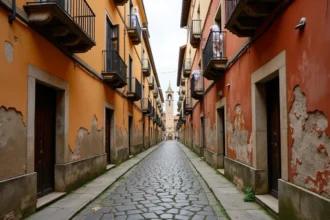 Ruelle pavée étroite de Corleone en Sicile avec bâtiments en pierre ancienne et volets en bois, atmosphère historique de la ville mafieuse