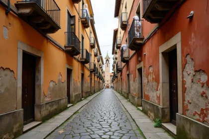 Ruelle pavée étroite de Corleone en Sicile avec bâtiments en pierre ancienne et volets en bois, atmosphère historique de la ville mafieuse