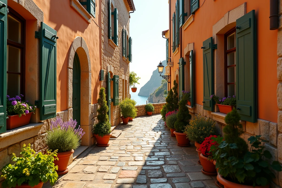 Ruelle pavée et sinueuse du village d'Eze avec façades en pierre, volets provençaux et vue sur la mer en bout d'allée