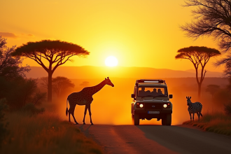 Jeep safari au lever du soleil dans le Kruger avec girafes et zèbres