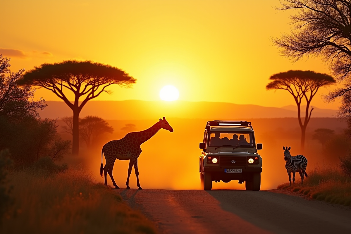 Jeep safari au lever du soleil dans le Kruger avec girafes et zèbres