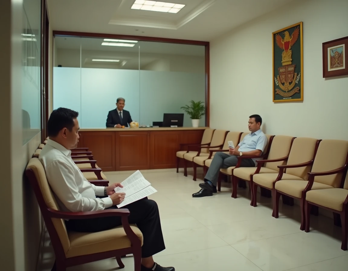 Salle d'attente intérieure d'un consulat avec emblème indonésien et bureau d'accueil pour les démarches administratives