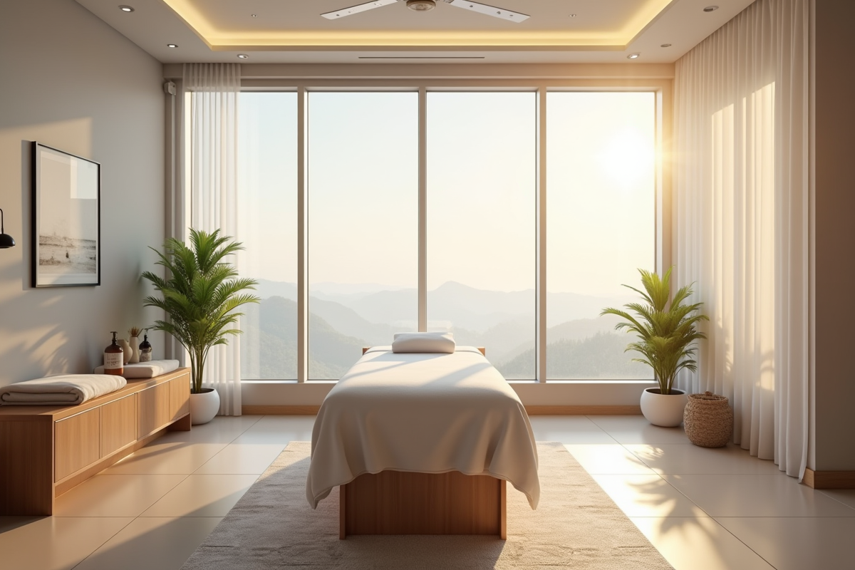 Salle de massage avec table prête et lumière naturelle
