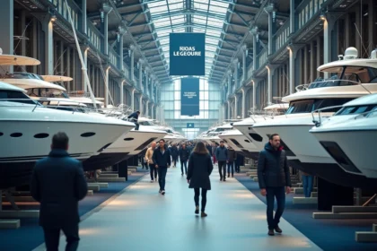 Vue panoramique du Salon nautique international de Paris avec des voiliers et bateaux à moteur exposés dans un grand hall d'exposition