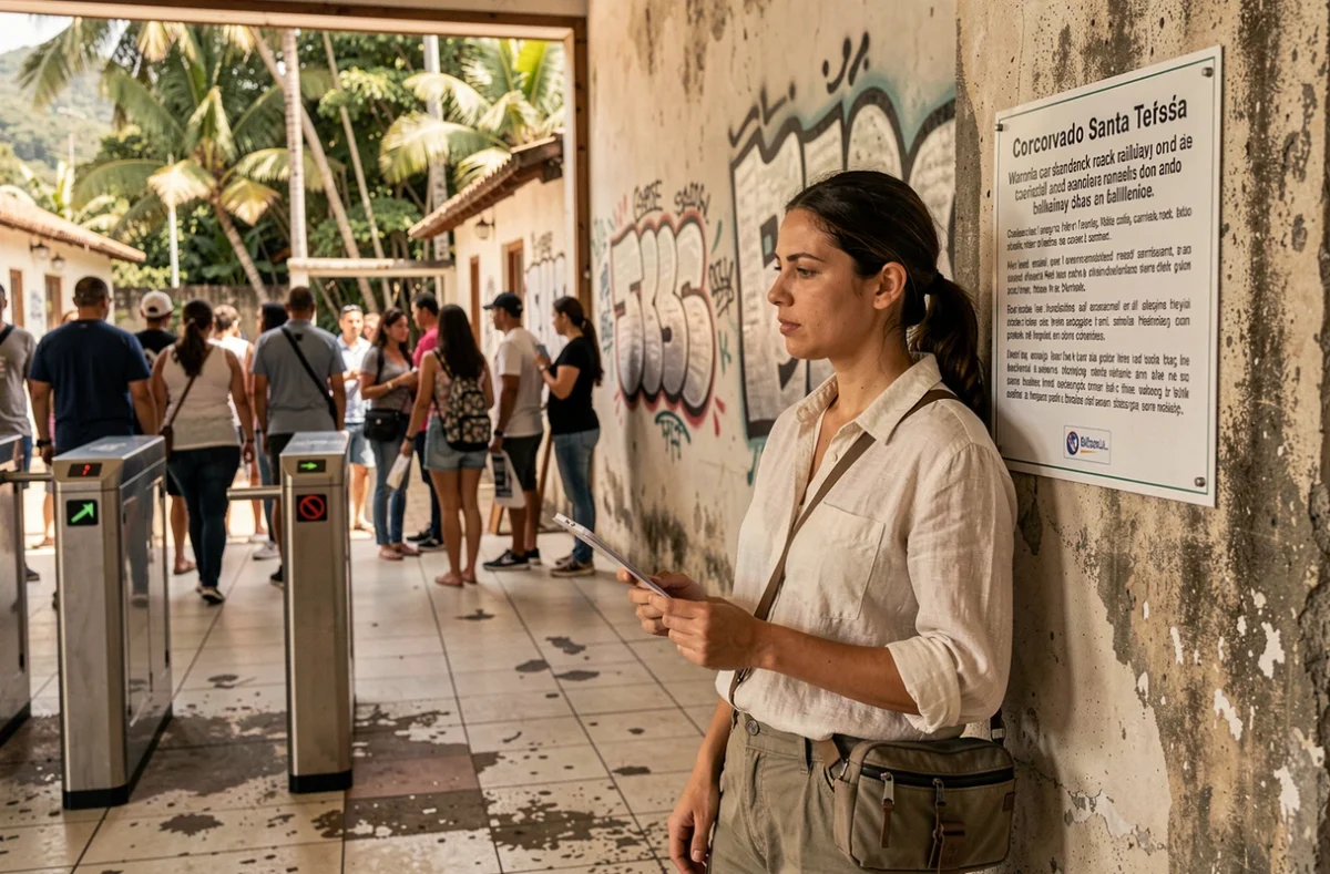 Voyageuse lisant un panneau de sécurité à l'entrée du train à crémaillère du Corcovado, Rio de Janeiro