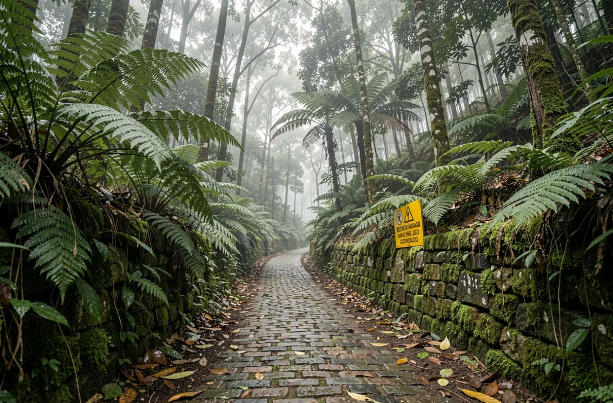 Sentier forestier isolé sur les pentes du Corcovado avec panneau d'avertissement en portugais, Rio de Janeiro