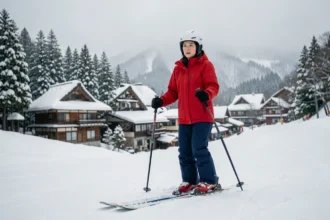 Skieuse débutante sur une piste douce de Nozawa Onsen avec des chalets japonais enneigés en arrière-plan