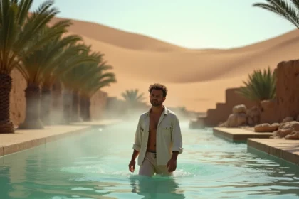 Voyageur se baignant dans la source chaude naturelle de Ksar Ghilane avec les dunes du Sahara en arrière-plan