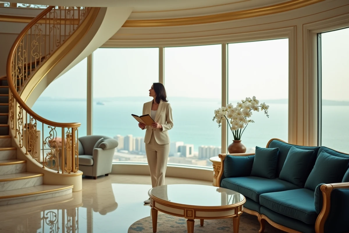 Intérieur d'une suite duplex luxueuse du Burj Al Arab avec vue panoramique sur le golfe Arabique