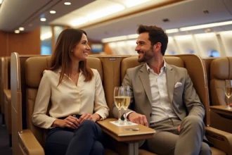 Couple en classe affaires Emirates profitant d'un surclassement premium à bord d'un vol long-courrier vers Dubaï