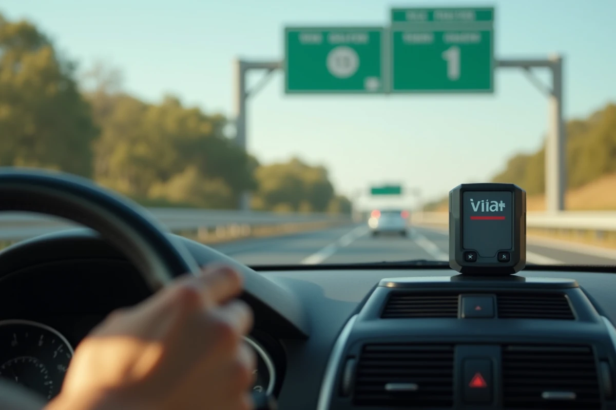 Intérieur de voiture sur une autoroute espagnole avec badge télépéage via-T sur le pare-brise