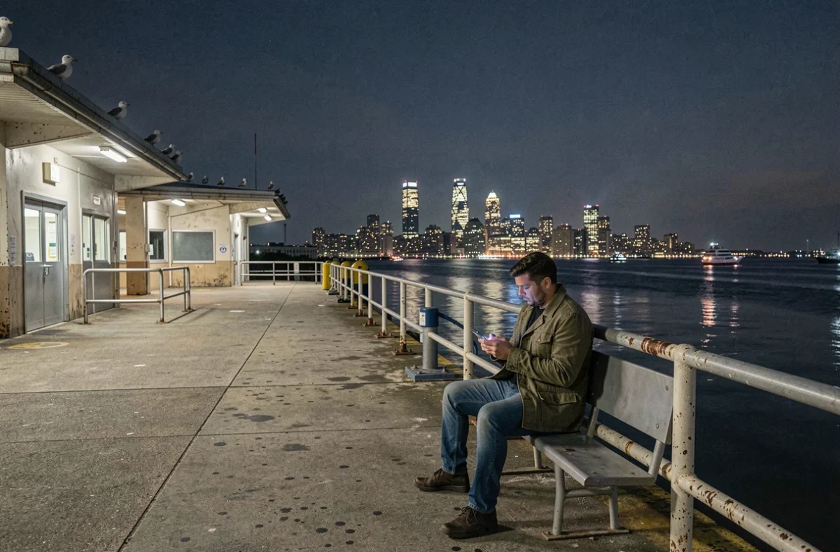 Homme seul assis sur le quai désert du terminal de Staten Island après le dernier ferry de nuit