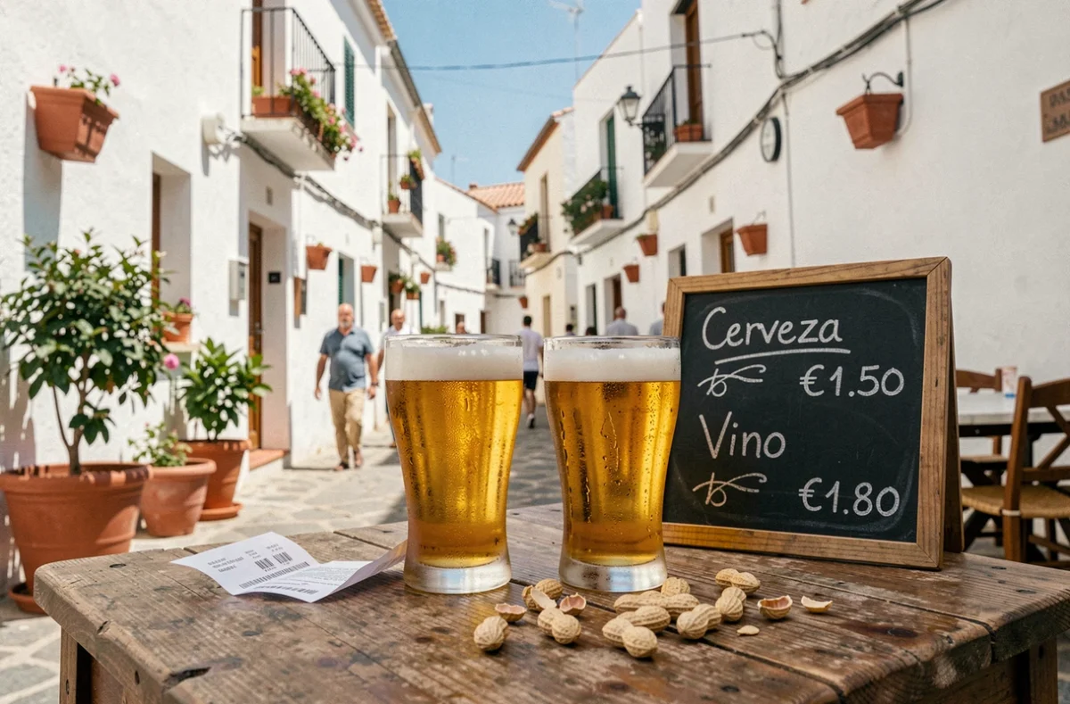 Terrasse de bar espagnol avec deux verres de bière et un menu ardoise affichant les prix bas des boissons alcoolisées