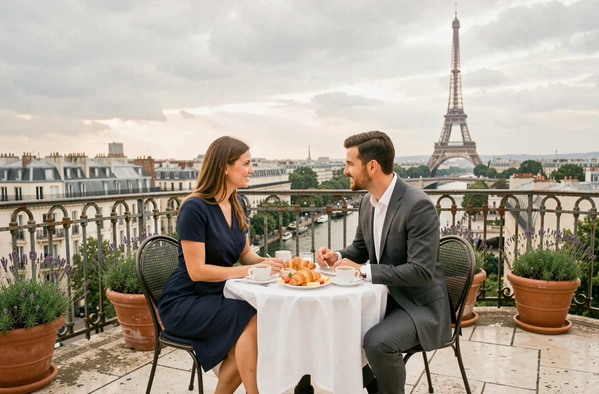 Couple prenant le petit-déjeuner sur une terrasse d'hôtel parisien avec vue sur la Seine et la Tour Eiffel